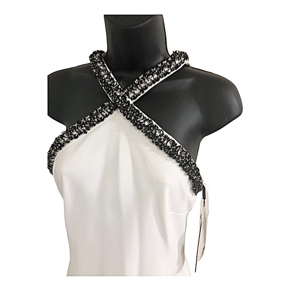 Karl Lagerfeld white ivory onyx gemstone bejeweled beaded halter maxi gown dress